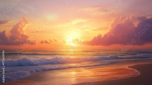 Sunset by the Ocean: A serene sunset over a tropical beach, with soft waves rolling in and the sky painted in hues of orange and pink.