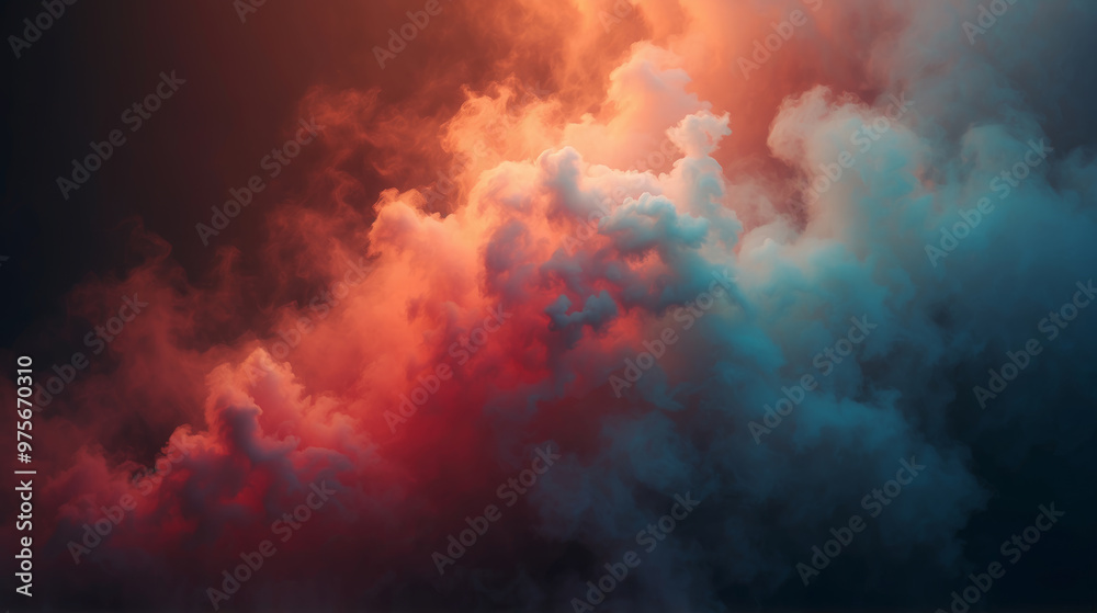 A vibrant image of clouds, fog or smoke in red, orange, blue and white against a dark, blurry background A vibrant image of clouds, fog or smoke in red, orange, blue and white against a dark, blurry background