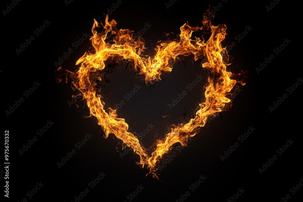 Fototapeta premium Flames shaped like a heart flicker gently against a pitch-black background