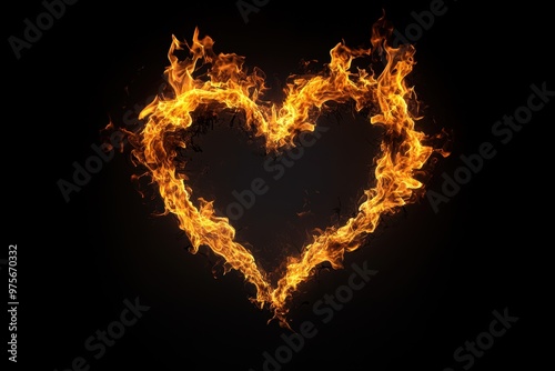 Flames shaped like a heart flicker gently against a pitch-black background