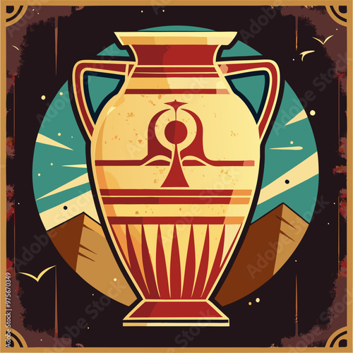 Stylized illustration of an ancient Egyptian amphora against a vibrant backdrop of pyramids