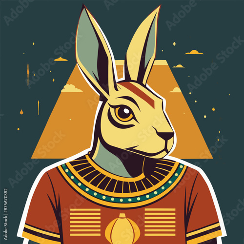 Illustration of a rabbit character in Egyptian attire against pyramids and a night sky