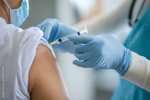 A close-up of a patient being injected with a vaccine in the shoulder.