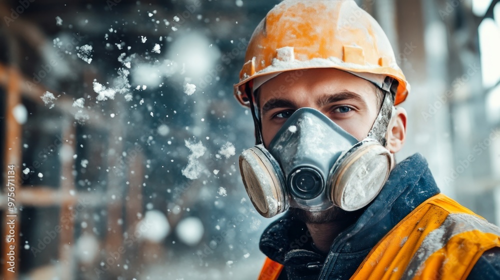 Construction worker in high quality dust mask amidst flying glass wool particles at job site Construction worker in high quality dust mask amidst flying glass wool particles at job site