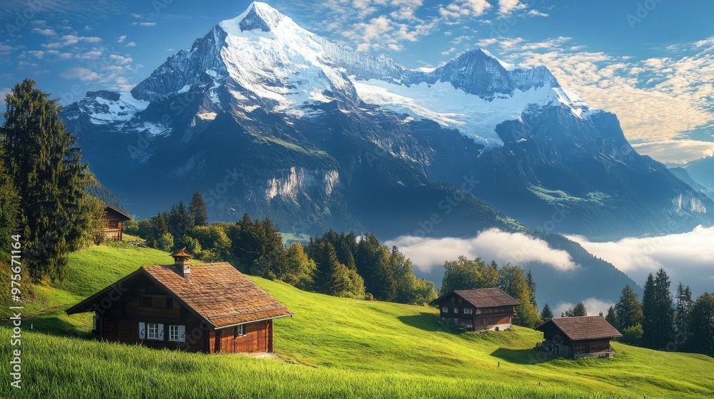 A majestic mountain range with snow-capped peaks in Switzerland. A majestic mountain range with snow-capped peaks in Switzerland.
