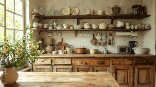 Rustic Farmhouse Kitchen with Homemade Countryside Delights on Shelves