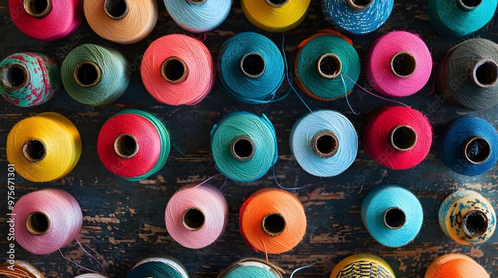 Fototapeta premium Neatly Arranged Colorful Spools of Thread on a Sewing Table Photographed from Overhead