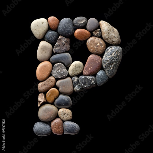 Stone Letter P, Alphabet P Made of Stones Isolated on Black Background, Textured Typography with Pebbles photo