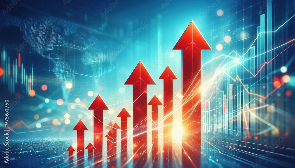 Red arrows pointing upwards against blurred blue and turquoise background, emphasizing growth, progress, success, achievement, stock market gain, rise, positive trends, aspiration, ambition Red arrows pointing upwards against blurred blue and turquoise background, emphasizing growth, progress, success, achievement, stock market gain, rise, positive trends, aspiration, ambition