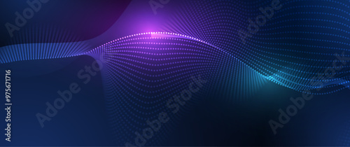 Illustration vector element with abstract wave line, motion pattern and particle dot on dark blue background. Modern futuristic design for background. Digital datum, high tech, technology concept