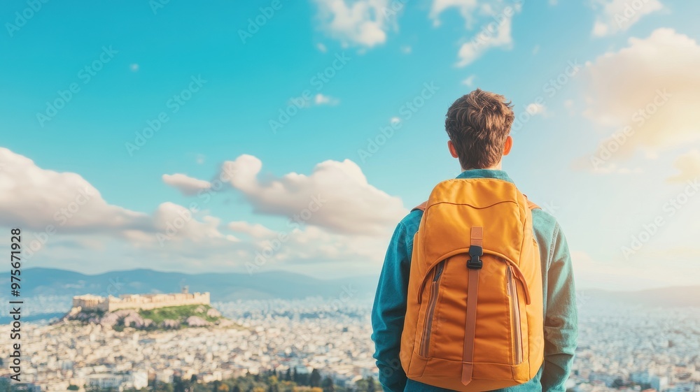 A traveler gazes at a panoramic city view, showcasing adventure and exploration under a bright sky. A traveler gazes at a panoramic city view, showcasing adventure and exploration under a bright sky.