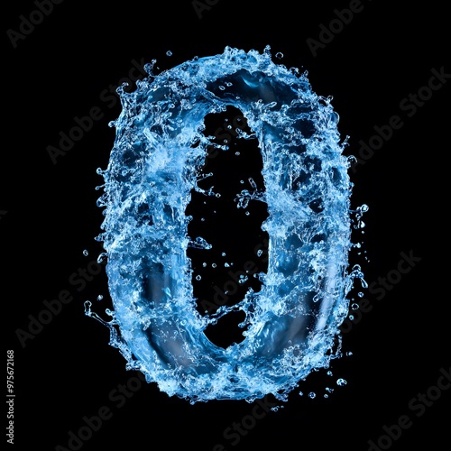 Water Number 0, Alphabet 0made of water isolated on black background, Splashing Blue Typography photo