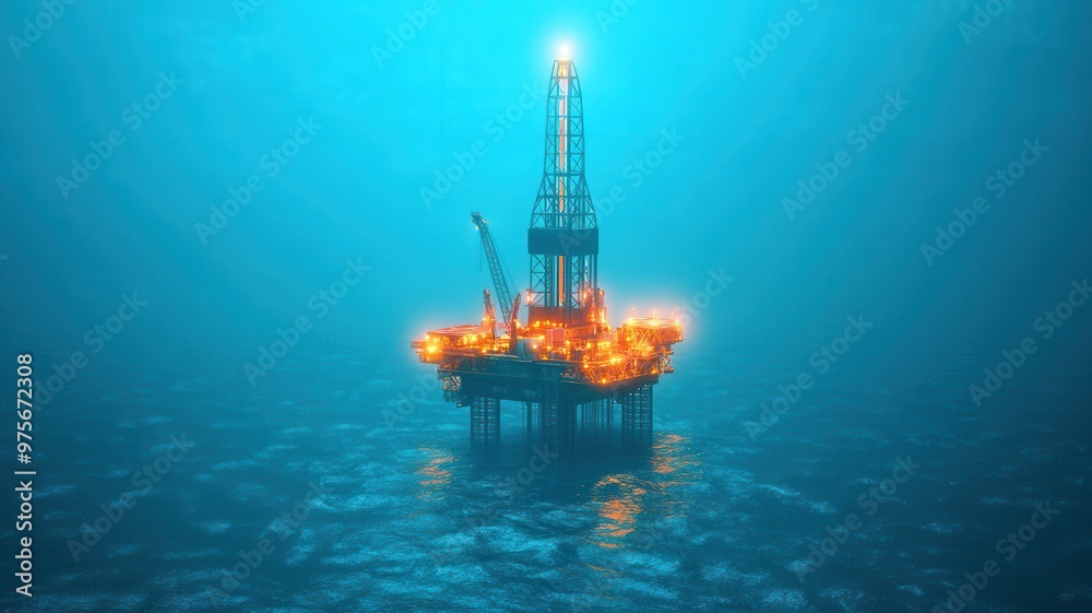 Obraz premium An illuminated offshore oil rig in deep blue water, showcasing energy exploration and modern industry beneath the ocean surface.