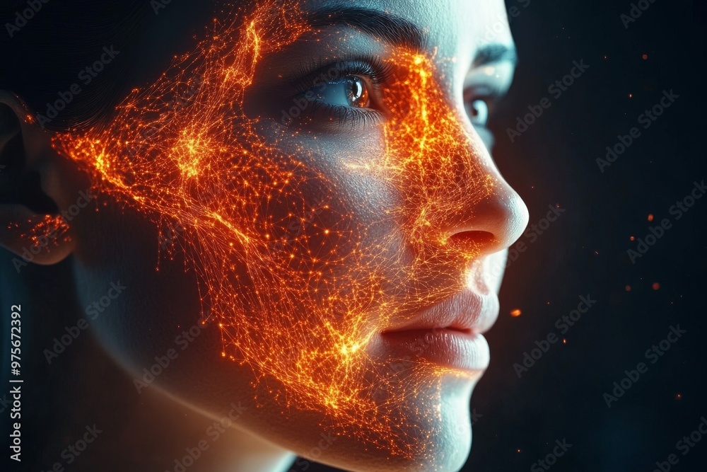 Womans face illuminated by glowing neural energy symbolizing the integration of human cognition and artificial intelligence through advanced neural technology in a futuristic world Womans face illuminated by glowing neural energy symbolizing the integration of human cognition and artificial intelligence through advanced neural technology in a futuristic world