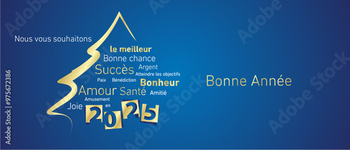 Happy New Year 2025 eve golden negative space numbers with abstract christmas tree French language word cloud blue background vector greeting card. 2025 gift under the christmas tree