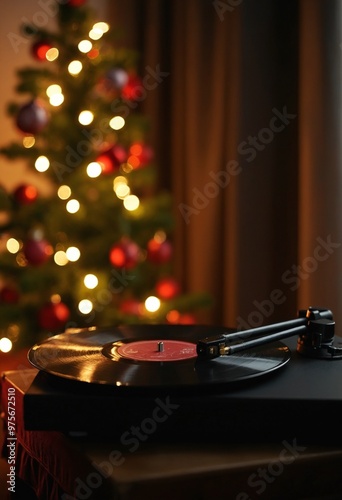 Turntable vinyl vintage with music next to a christmas tree decorated for christmas eve and new year