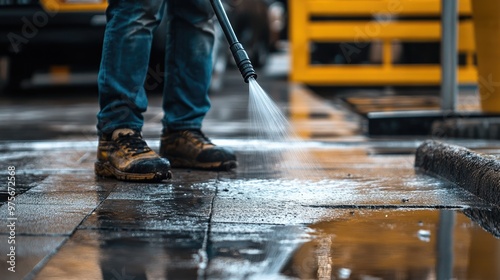 A person using a hose to wash down a dirty sidewalk.