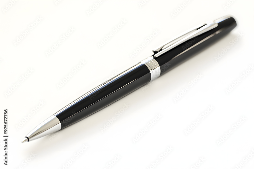 Elegant black and silver fountain pen isolated on a white background, used for writing and signing documents, with a close-up focus on its sleek design and gold accents Elegant black and silver fountain pen isolated on a white background, used for writing and signing documents, with a close-up focus on its sleek design and gold accents