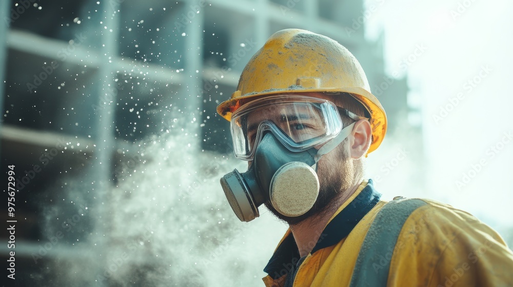 Construction worker in high quality dust mask amidst floating glass wool particles at job site Construction worker in high quality dust mask amidst floating glass wool particles at job site