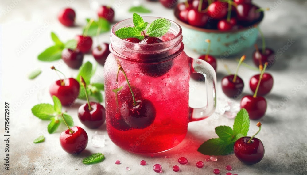 A glass jar filled with a vibrant red cherry beverage, freshly picked cherries scattered around, garnished with mint leaves on a rustic light background, summer refreshment, juice dripping down the si A glass jar filled with a vibrant red cherry beverage, freshly picked cherries scattered around, garnished with mint leaves on a rustic light background, summer refreshment, juice dripping down the si