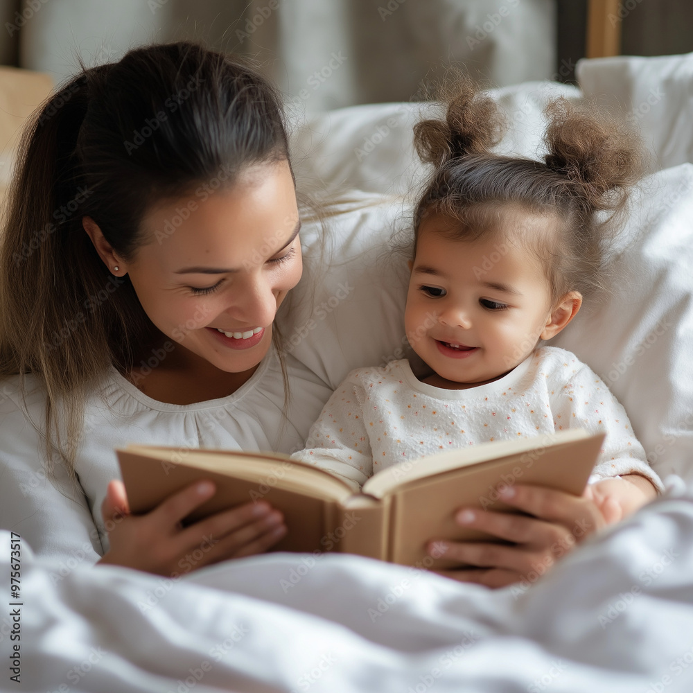 Smiling Caucasian Mother and Mixed Race Child Enjoying Storytime in Bed Smiling Caucasian Mother and Mixed Race Child Enjoying Storytime in Bed