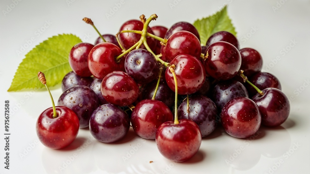 ripe cherries with grapes on a white background beautifully detaile ripe cherries with grapes on a white background beautifully detaile