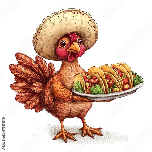 A turkey wearing a sombrero holding a tray of tacos for Thanksgiving clipart, cheerful and festive, warm earthy tones, digital illustration, isolated on white background