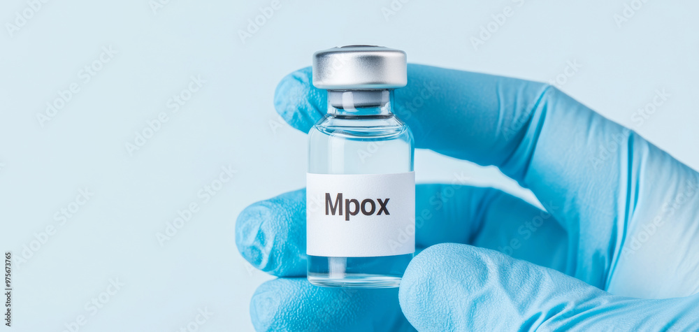 Close up of vaccine vial labeled Mpox held in gloved hand, symbolizing health Close up of vaccine vial labeled Mpox held in gloved hand, symbolizing health