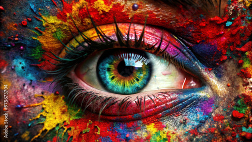 Vivid close-up of the eye is surrounded by splashes of multicolored paint, creating a dynamic and striking visual effect.Detailed iris and eyelashes draw attention in the chaos of colors.AI generated.