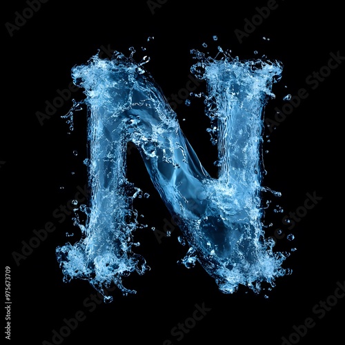 Water Letter N, Alphabet N made of water isolated on black background, Splashing Blue Typography