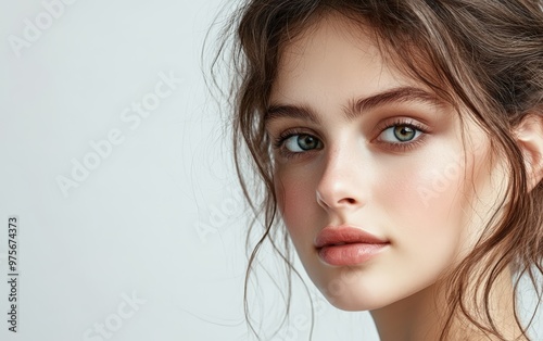 Pretty beautiful human isolated on clear gray background photo