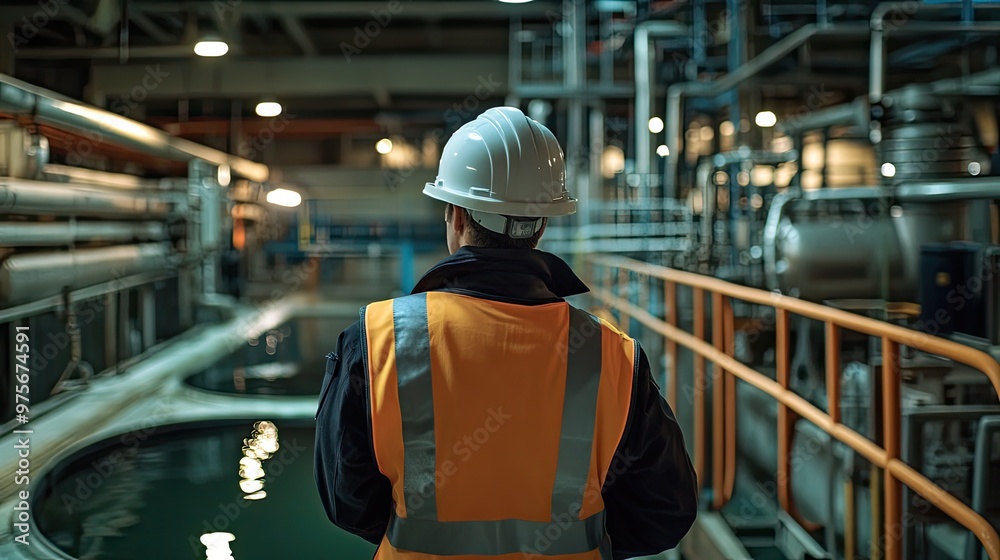A person wearing a hard hat and safety vest inspecting a wastewater treatment plant. A person wearing a hard hat and safety vest inspecting a wastewater treatment plant.
