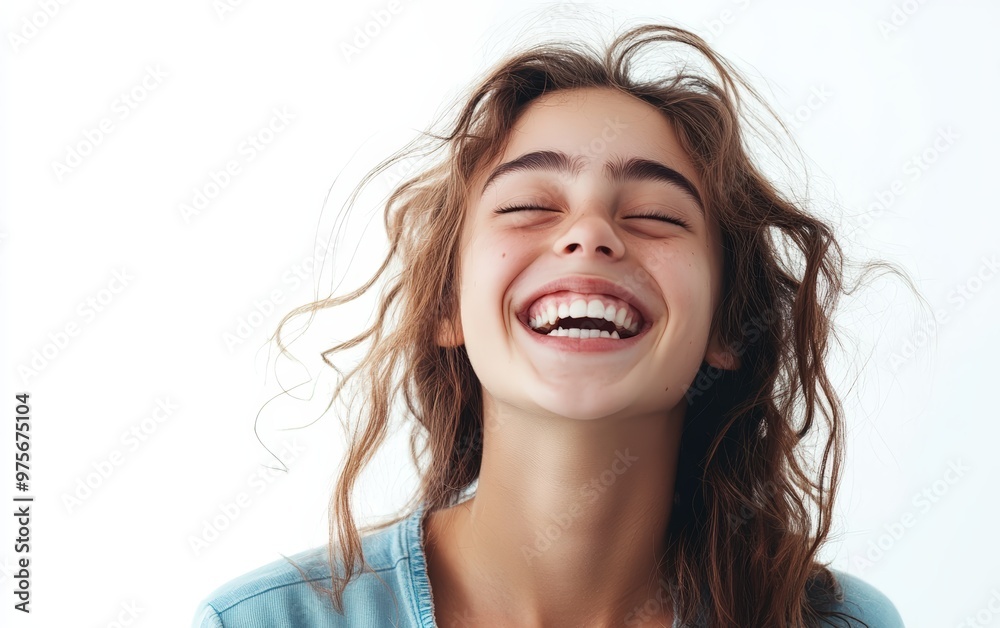 The woman laughs isolated on clear white background photo The woman laughs isolated on clear white background photo