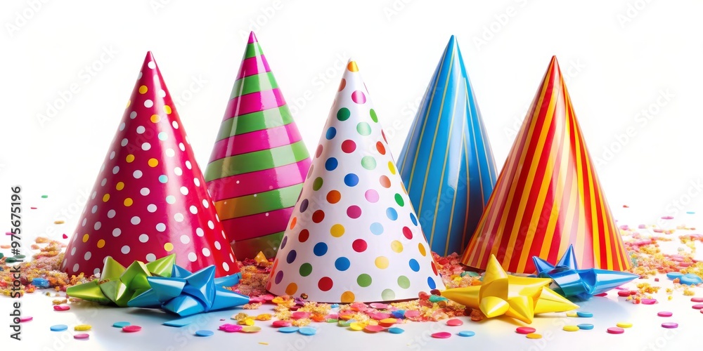 Colorful Party Hats with Confetti, Close-up View, Party hats, birthday, celebration Colorful Party Hats with Confetti, Close-up View, Party hats, birthday, celebration