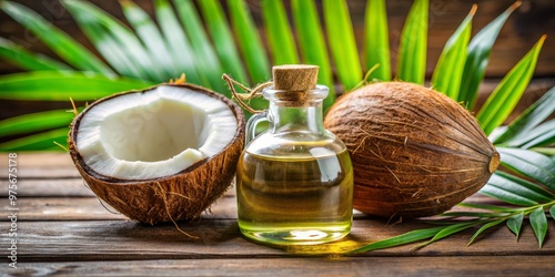 Coconut Oil in Glass Bottle with Fresh Coconut and Palm Leaves, Tropical, Natural, Organic ,coconut oil, coconut, palm leaf