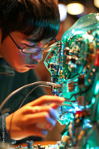 Playful Students Engaging in Soldering Activity to Build a Robot - Whimsical Educational Artwork