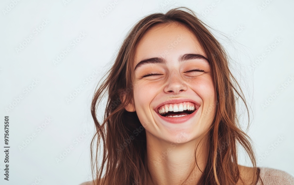 The woman laughs isolated on clear white background photo The woman laughs isolated on clear white background photo