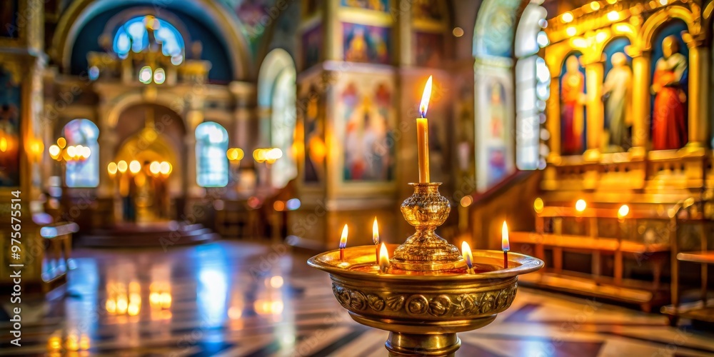 Obraz premium Golden Candelabra with Lit Candles in a Church Interior, candle, faith, worship
