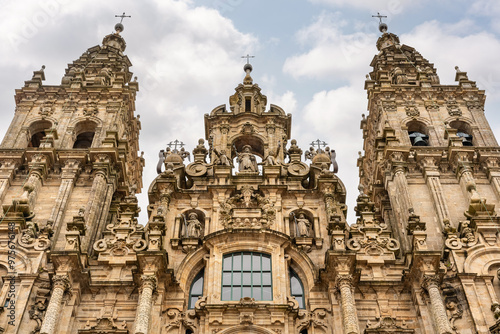View of the main facade of the cathedral of Santiago de Compostela, place of pilgrimage on the Camino de Santiago, Spain