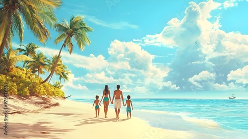 Carefree Family Enjoying Scenic Seaside Vacation on Sunny Tropical Beach