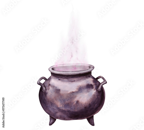 Black cast iron cauldron for brewing potions. Esoteric attribute of a witch, sorcerer, gypsy, fortune teller, psychic. Clipart for Halloween, Sabbath, theme party. Watercolor hand-drawn illustration