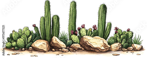 Colorful desert landscape featuring various cacti, rocks, and vibrant plants, ideal for nature-themed designs and illustrations.