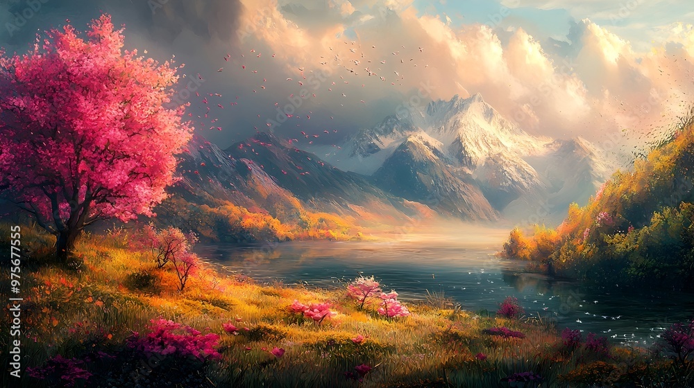 Naklejka premium Breathtaking Scenic Landscape with Vibrant Fall Foliage and Serene Mountain Lake