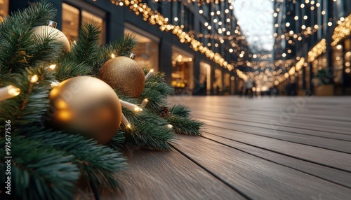 Festive Holiday Shopping Street with Vibrant Storefronts Decorated with Lights, Wreaths, and Festive Sales Signs, Perfect for Christmas, Hanukkah, New Year's, and Winter Holiday Retail Marketing photo