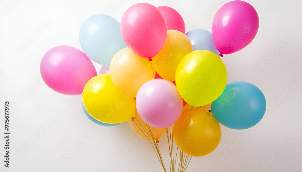 A bunch of colorful balloons floating against a white background A bunch of colorful balloons floating against a white background