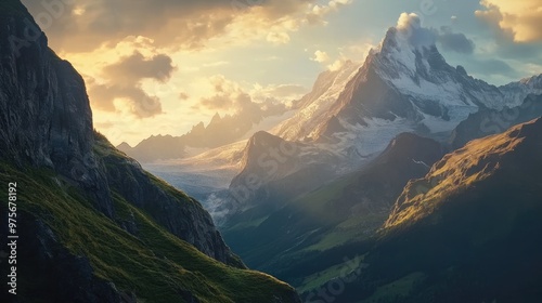 A scenic view of the Swiss Alps at sunset.