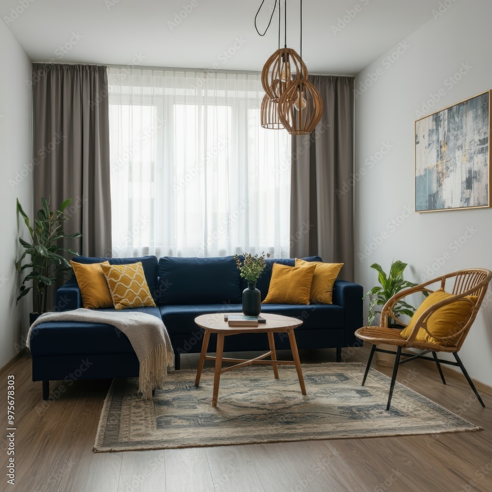 Fototapeta premium a cozy modern living room with navy blue sectional sofa, wooden coffee table, indoor plant, sheer curtains, abstract art on the wall, rattan accent chair with yellow throw pillows, hardwood floors, pe