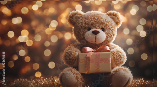 A teddy bear sits, holding a small gift box with a ribbon in its paws. Blurred lights of garlands. Festive atmosphere. Christmas, New Year, children's parties, advertising campaigns, gifts and toys