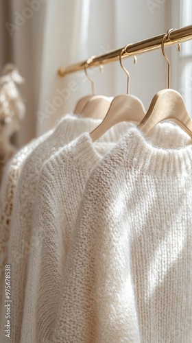 Cozy white knit sweaters hanging on wooden hangers near a sunlit window in a warm setting