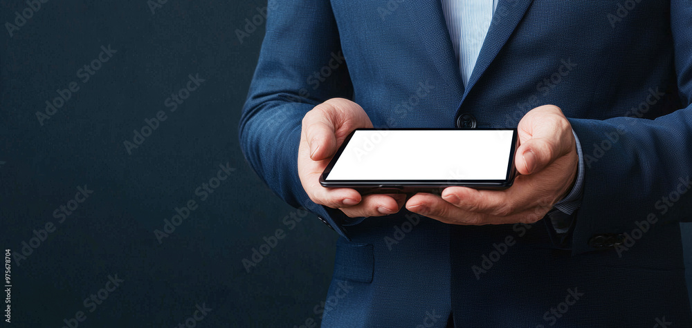 A person in suit holds blank digital tablet, ready for use A person in suit holds blank digital tablet, ready for use
